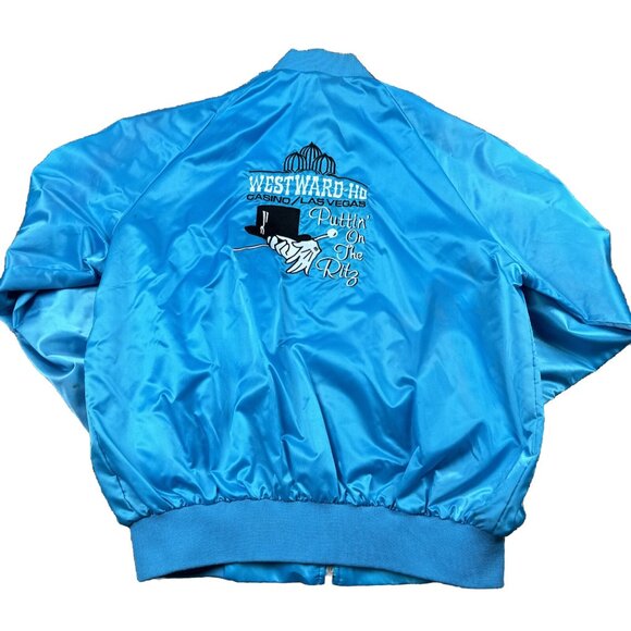 Vintage 80s Westward HO Casino Satin Bomber Jacket Embroidered Magic Hat Ritz - Picture 1 of 10